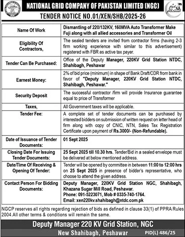 National Grid Company of Pakistan Limited Peshawar Tender Notice